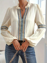 Notched Textured Balloon Sleeve Blouse